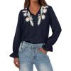 imageBTFBM Boho Tops for Women Fall 2025 Casual V Neck Ruffle Long Sleeve Shirts Floral Embroidered Blouses Vacation OutfitsNavy