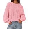imageBTFBM Fall Sweaters for Women 2025 Cable Knit Sweater Crew Neck Long Lantern Sleeve Loose Chunky Pullover Casual TopsPink