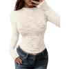 imageBTFBM Mesh Long Sleeve Tops for Women Lace Sexy Sheer See Through Crew Neck Floral Shirt Fall Blouses 2025 Party Club OutfitsBeige