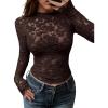 imageBTFBM Mesh Long Sleeve Tops for Women Lace Sexy Sheer See Through Crew Neck Floral Shirt Fall Blouses 2025 Party Club OutfitsBrown