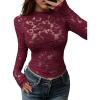 imageBTFBM Mesh Long Sleeve Tops for Women Lace Sexy Sheer See Through Crew Neck Floral Shirt Fall Blouses 2025 Party Club OutfitsBurgundy