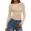 imageBTFBM Womens Tops Dressy Casual Workout Outfits Fall 2025 Long Sleeve Shirts Boat Neck Ruched Bodycon Going Out TopBeige