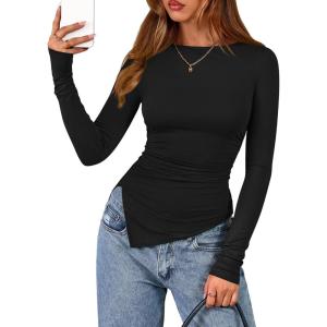imageBTFBM Asymmetrical Tops for Women Long Sleeve Shirts Fall 2025 Ruched Slit Fitted Basic Tees Y2k Going Out Tunic TopBlack