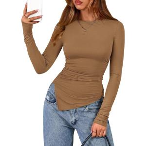 imageBTFBM Asymmetrical Tops for Women Long Sleeve Shirts Fall 2025 Ruched Slit Fitted Basic Tees Y2k Going Out Tunic TopCamel