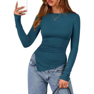 imageBTFBM Asymmetrical Tops for Women Long Sleeve Shirts Fall 2025 Ruched Slit Fitted Basic Tees Y2k Going Out Tunic TopDark Blue