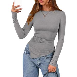 imageBTFBM Asymmetrical Tops for Women Long Sleeve Shirts Fall 2025 Ruched Slit Fitted Basic Tees Y2k Going Out Tunic TopGrey