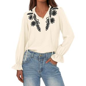 imageBTFBM Boho Tops for Women Fall 2025 Casual V Neck Ruffle Long Sleeve Shirts Floral Embroidered Blouses Vacation OutfitsBeige