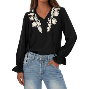 imageBTFBM Boho Tops for Women Fall 2025 Casual V Neck Ruffle Long Sleeve Shirts Floral Embroidered Blouses Vacation OutfitsBlack