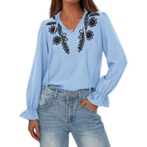 imageBTFBM Boho Tops for Women Fall 2025 Casual V Neck Ruffle Long Sleeve Shirts Floral Embroidered Blouses Vacation OutfitsBlue