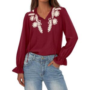 imageBTFBM Boho Tops for Women Fall 2025 Casual V Neck Ruffle Long Sleeve Shirts Floral Embroidered Blouses Vacation OutfitsBurgundy