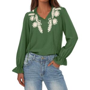 imageBTFBM Boho Tops for Women Fall 2025 Casual V Neck Ruffle Long Sleeve Shirts Floral Embroidered Blouses Vacation OutfitsGreen