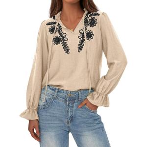 imageBTFBM Boho Tops for Women Fall 2025 Casual V Neck Ruffle Long Sleeve Shirts Floral Embroidered Blouses Vacation OutfitsKhaki