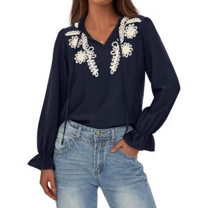 imageBTFBM Boho Tops for Women Fall 2025 Casual V Neck Ruffle Long Sleeve Shirts Floral Embroidered Blouses Vacation OutfitsNavy