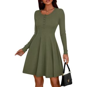 imageBTFBM Casual Fall Dresses for Women 2025 Long Sleeve Ribbed Button Down Empire Waist A Line Winter Wedding Guest DressArmy Green