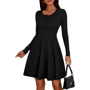 imageBTFBM Casual Fall Dresses for Women 2025 Long Sleeve Ribbed Button Down Empire Waist A Line Winter Wedding Guest DressBlack