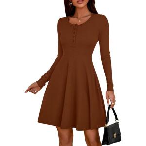 imageBTFBM Casual Fall Dresses for Women 2025 Long Sleeve Ribbed Button Down Empire Waist A Line Winter Wedding Guest DressBrown