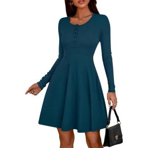 imageBTFBM Casual Fall Dresses for Women 2025 Long Sleeve Ribbed Button Down Empire Waist A Line Winter Wedding Guest DressLake Blue