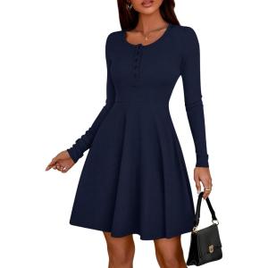 imageBTFBM Casual Fall Dresses for Women 2025 Long Sleeve Ribbed Button Down Empire Waist A Line Winter Wedding Guest DressNavy