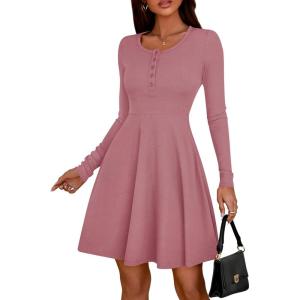 imageBTFBM Casual Fall Dresses for Women 2025 Long Sleeve Ribbed Button Down Empire Waist A Line Winter Wedding Guest DressPink