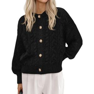 imageBTFBM Chunky Cardigan Sweaters for Women Fall Fashion 2025 Button Lantern Long Sleeve Cable Knit Winter Coats OuterwearBlack
