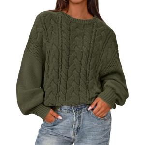 imageBTFBM Fall Sweaters for Women 2025 Cable Knit Sweater Crew Neck Long Lantern Sleeve Loose Chunky Pullover Casual TopsArmy Green