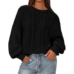 imageBTFBM Fall Sweaters for Women 2025 Cable Knit Sweater Crew Neck Long Lantern Sleeve Loose Chunky Pullover Casual TopsBlack