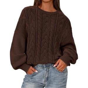 imageBTFBM Fall Sweaters for Women 2025 Cable Knit Sweater Crew Neck Long Lantern Sleeve Loose Chunky Pullover Casual TopsBrown