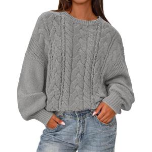 imageBTFBM Fall Sweaters for Women 2025 Cable Knit Sweater Crew Neck Long Lantern Sleeve Loose Chunky Pullover Casual TopsGrey