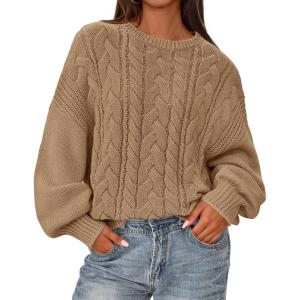 imageBTFBM Fall Sweaters for Women 2025 Cable Knit Sweater Crew Neck Long Lantern Sleeve Loose Chunky Pullover Casual TopsKhaki