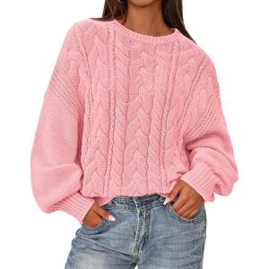 imageBTFBM Fall Sweaters for Women 2025 Cable Knit Sweater Crew Neck Long Lantern Sleeve Loose Chunky Pullover Casual TopsPink