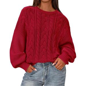 imageBTFBM Fall Sweaters for Women 2025 Cable Knit Sweater Crew Neck Long Lantern Sleeve Loose Chunky Pullover Casual TopsRed