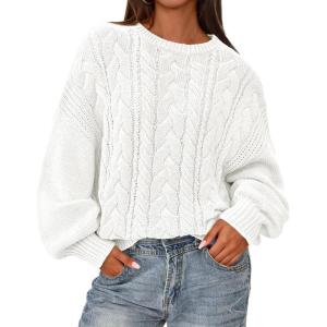 imageBTFBM Fall Sweaters for Women 2025 Cable Knit Sweater Crew Neck Long Lantern Sleeve Loose Chunky Pullover Casual TopsWhite