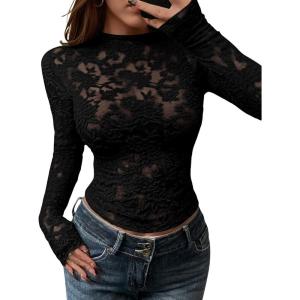 imageBTFBM Mesh Long Sleeve Tops for Women Lace Sexy Sheer See Through Crew Neck Floral Shirt Fall Blouses 2025 Party Club OutfitsBlack