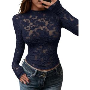 imageBTFBM Mesh Long Sleeve Tops for Women Lace Sexy Sheer See Through Crew Neck Floral Shirt Fall Blouses 2025 Party Club OutfitsNavy Blue