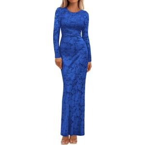 imageBTFBM Wedding Guest Dresses for Women 2025 Fall Elegant Floral Lace Ruched Long Sleeve Bodycon Cocktail Party Maxi DressBlue