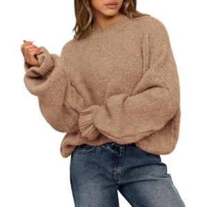 imageBTFBM Womens Oversized Sweater Crewneck 2025 Fall Winter Long Sleeve Fuzzy Warn Knit Pullover Sweaters Trendy OutfitsCamel