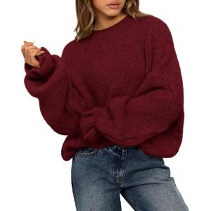 imageBTFBM Womens Oversized Sweater Crewneck 2025 Fall Winter Long Sleeve Fuzzy Warn Knit Pullover Sweaters Trendy OutfitsWine Red