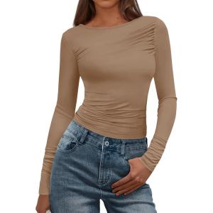 imageBTFBM Womens Tops Dressy Casual Workout Outfits Fall 2025 Long Sleeve Shirts Boat Neck Ruched Bodycon Going Out TopKhaki