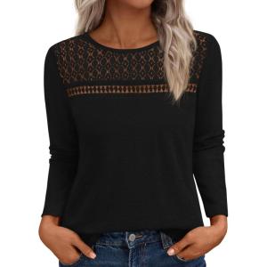 imageBTFBM Womens Tops Lace Long Sleeve Shirts Boho Cute Business Dressy Casual Blouses Fall Outfits 2025 Fashion ClothingBlack