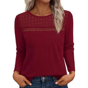 imageBTFBM Womens Tops Lace Long Sleeve Shirts Boho Cute Business Dressy Casual Blouses Fall Outfits 2025 Fashion ClothingBurgundy