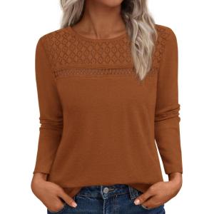 imageBTFBM Womens Tops Lace Long Sleeve Shirts Boho Cute Business Dressy Casual Blouses Fall Outfits 2025 Fashion ClothingOrange Brown