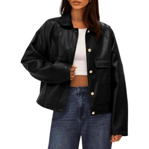 imageBTFBM Leather Jacket Women Fall Clothes 2025 Long Sleeve Button Down Winter Coats Oversized Motorcycle OutwearBlack