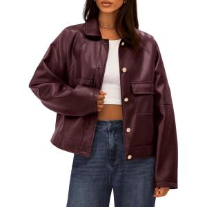 imageBTFBM Leather Jacket Women Fall Clothes 2025 Long Sleeve Button Down Winter Coats Oversized Motorcycle OutwearBurgundy