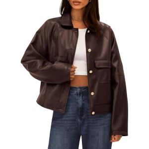 imageBTFBM Leather Jacket Women Fall Clothes 2025 Long Sleeve Button Down Winter Coats Oversized Motorcycle OutwearDark Coffee