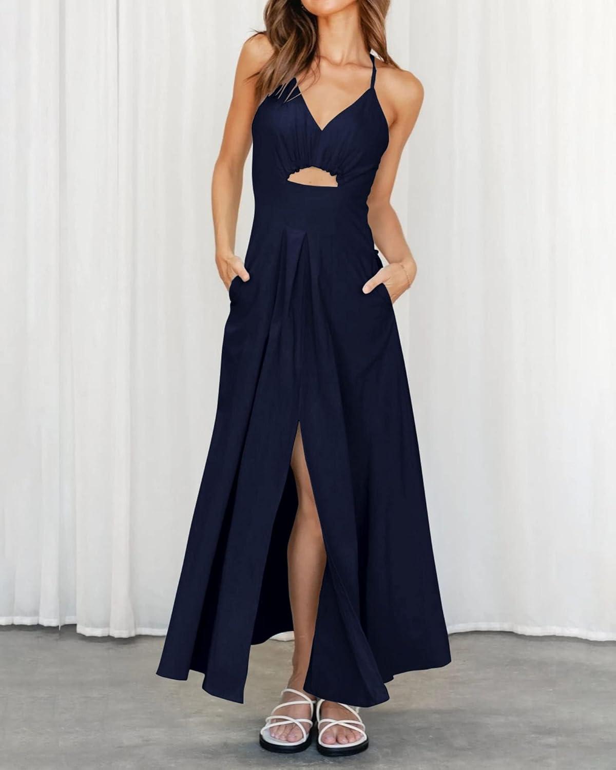 imageBTFBM Women 2025 Summer Spaghetti Strap Midi Dress Sleeveless V Neck Cutout Slit Casual Beach Party Maxi Dresses PocketsNavy