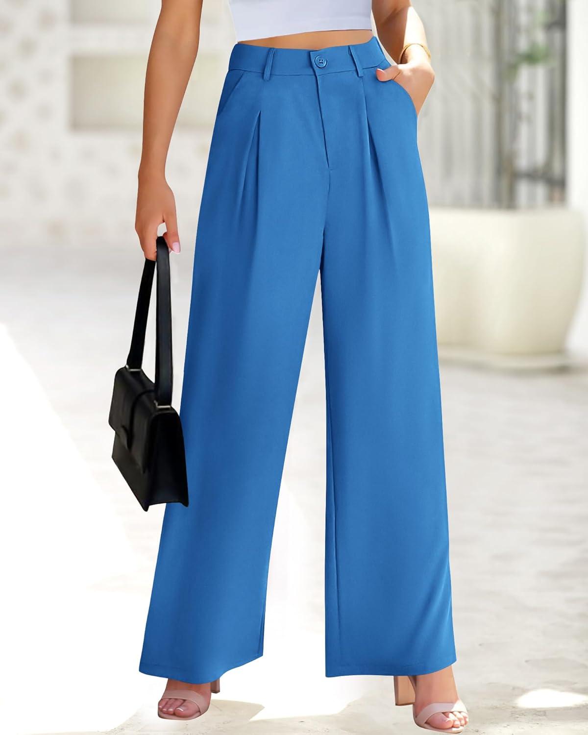 imageBTFBM Women High Waist Palazzo Pants Fall 2025 Casual Wide Leg Trousers Loose Work Office Business Suit Pant PocketsBlue