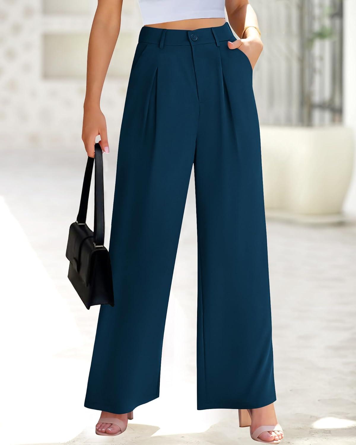 imageBTFBM Women High Waist Palazzo Pants Fall 2025 Casual Wide Leg Trousers Loose Work Office Business Suit Pant PocketsDark Blue