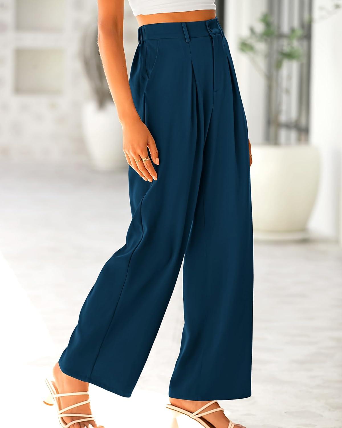 imageBTFBM Women High Waist Palazzo Pants Fall 2025 Casual Wide Leg Trousers Loose Work Office Business Suit Pant PocketsDark Blue
