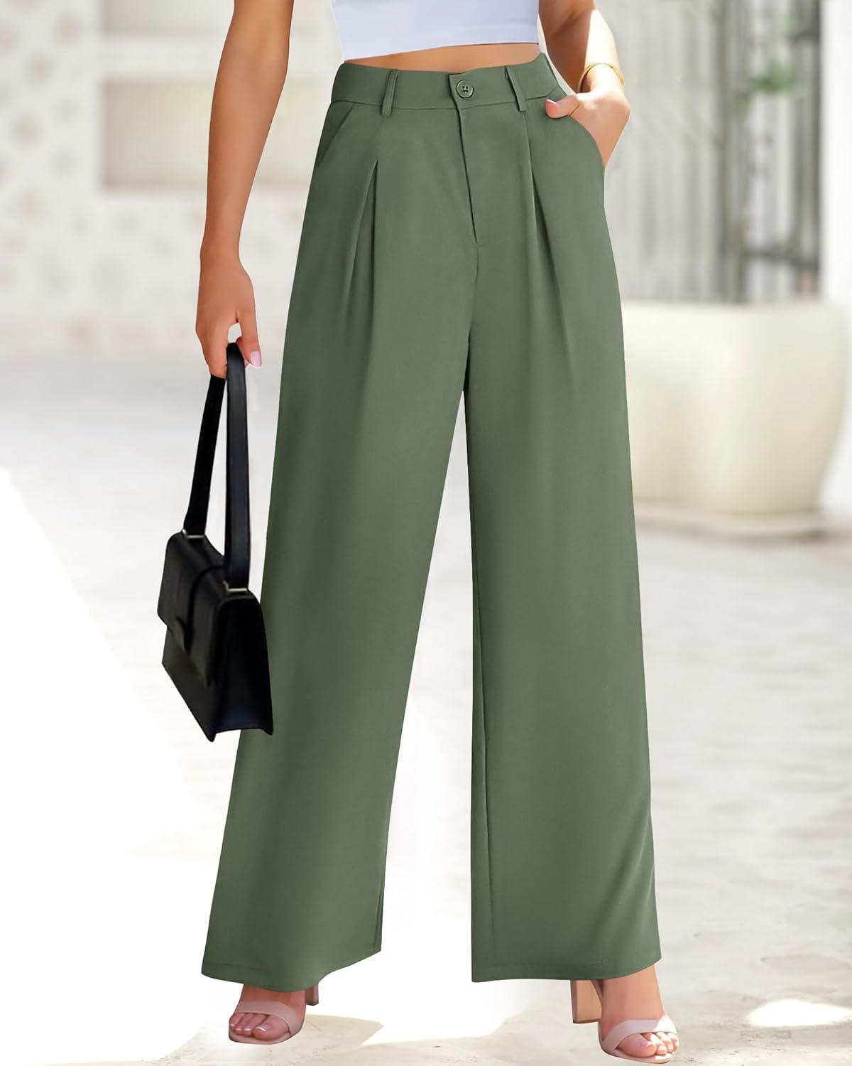 imageBTFBM Women High Waist Palazzo Pants Fall 2025 Casual Wide Leg Trousers Loose Work Office Business Suit Pant PocketsGrey Green