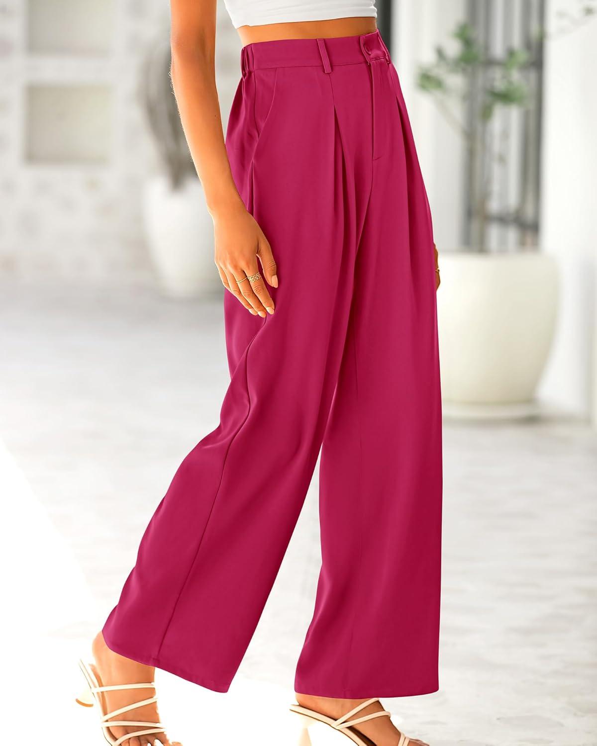 imageBTFBM Women High Waist Palazzo Pants Fall 2025 Casual Wide Leg Trousers Loose Work Office Business Suit Pant PocketsRose Red